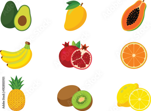 Tropical fruit illustration set with avocado mango papaya banana pineapple kiwi orange lemon vector collection