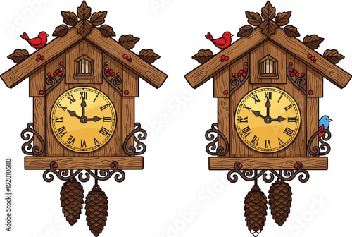 Vintage wooden cuckoo clock illustration with birds pinecones leaves decorative antique timepiece vector design