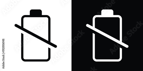 Minimalist line icon of a battery with a strike-through line. Clean vector illustration representing disconnected power source, no signal, or inactive battery for user interfaces.