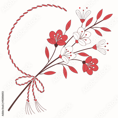 Martisor bouquet featuring a mix of red and white cherry blossoms tied with a festive red and white string