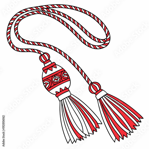 Authentic martenitsa with round woven bead and two red white tassels, traditional Bulgarian symbol for spring