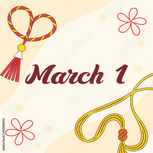 March 1st greeting with martenitsa heart shape, yellow red decorative elements, spring celebration