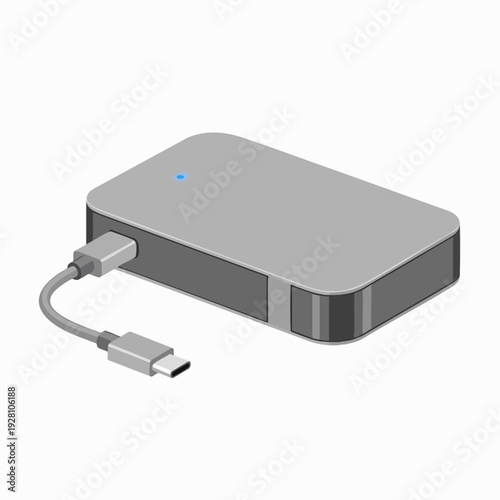 Gray External Hard Drive with USB Type-C Cable for Data Storage and Backup Modern Technology Isolated on White Background for Easy Integration