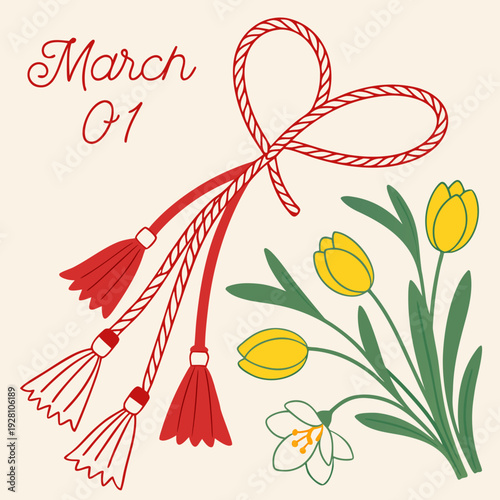 Martenitsa with heart shape and red tassels, tulips and snowdrop flowers, March 1st spring holiday
