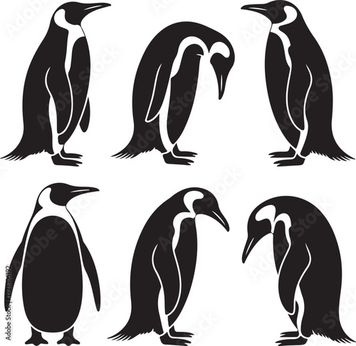 Penguin Set Black Silhouette Vector Collection,Antarctic Penguin Birds Illustration Pack