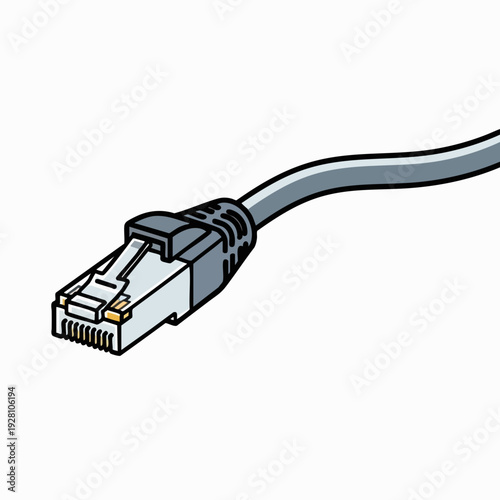 Gray ethernet cable with RJ45 connector for network connection isolated on white background in vector illustration style for design use