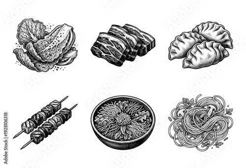 Asian cuisine food collection featuring hand drawn engravings of ramen noodles, dumplings, grilled meat skewers, sliced pork belly, and fresh napa cabbage.
