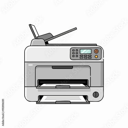Gray office printer illustration with document feeder and control panel vector style office equipment for printing and copying documents