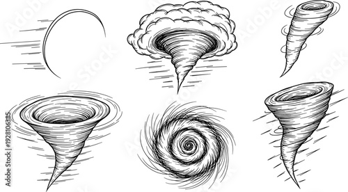 Tornadoes and cyclones, weather phenomena, storm vortex, natural disaster, wind funnel illustrations