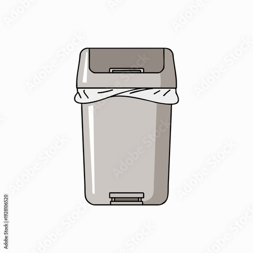 Gray plastic trash can with a white liner bag isolated on white background; modern garbage bin with lid and pedal for office or kitchen
