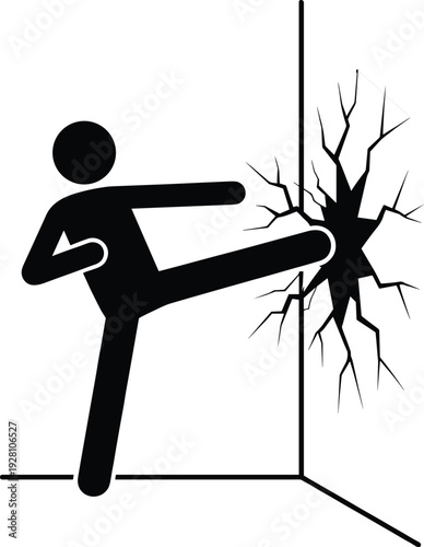 Strong stick figure man character performing a powerful martial arts side kick breaking through a solid white wall with cracks for conceptual impact design.