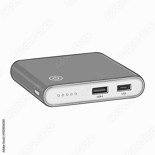 Gray portable power bank vector illustration on white background; charging device; USB ports; modern; digital; backup power supply; mobile technology