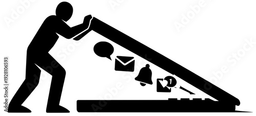 Person Closing Giant Laptop Blocking Digital Notifications, Work Life Balance Unplug Concept, Digital Detox Boundary Black Vector Silhouette
