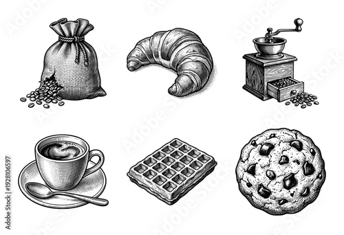 Vintage woodcut style collection of coffee elements and bakery treats including roasted beans croissant manual grinder espresso cup waffle and chocolate chip cookie.