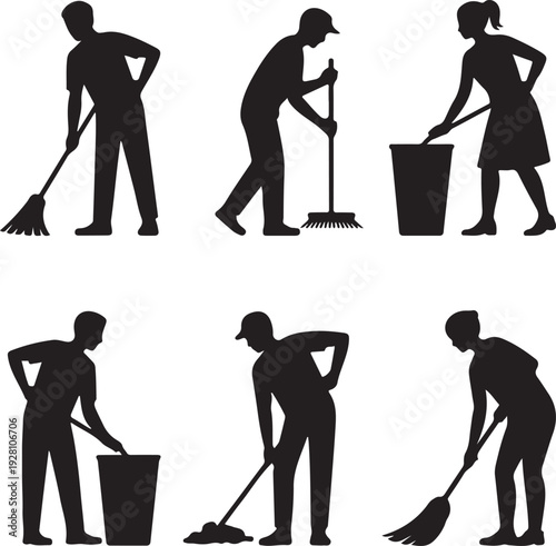 Cleaning Staff Working Silhouette Set,Janitor and Housekeeping Workers Black Vector Icons