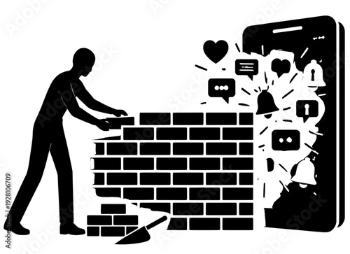 Person Building Brick Wall Blocking Smartphone Social Media Notifications, Digital Boundary Firewall Concept, Mental Health Protection Black Vector Silhouette
