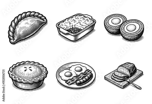 Vintage woodcut style collection of traditional British food icons featuring meat pie, shepherd's pie, scotch eggs, cornish pasty, full breakfast, and roast beef