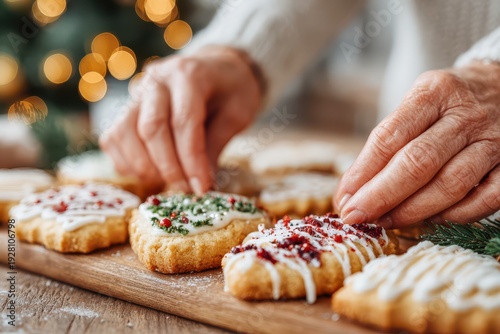 Close-up of elderly hands decorating homemade Christmas cookies with festive toppings, creating a warm, joyful holiday atmosphere with family traditions and culinary delights.