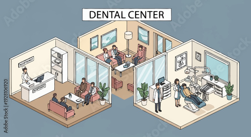 Dental Center Office with Patients and Dentists Working.