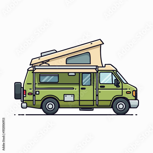 Green camper van with pop-up roof illustration in cartoon style; perfect for travel adventure and camping design projects