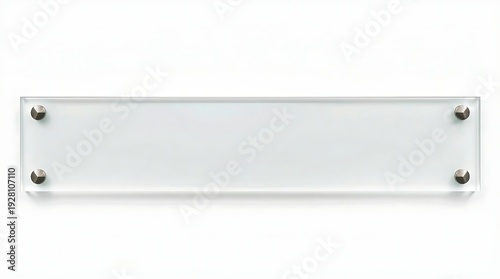 Blank frosted glass nameplate secured by four metal standoffs on each corner, isolated on white background