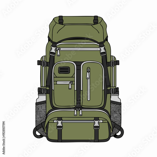 Green hiking backpack illustration with multiple pockets and straps isolated vector clip art for camping and outdoor adventure gear design