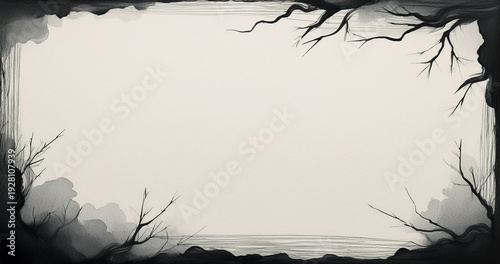 Ornate hand-drawn ink border with twisted tree branches and delicate twigs surrounding a blank vintage paper background