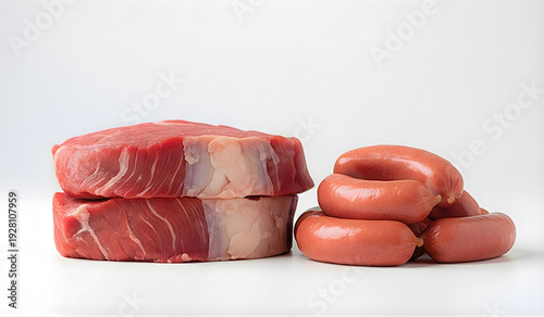 High-quality close-up image of fresh raw beef steak and sausages arranged neatly on a white background. Perfect for food, meat products, culinary, restaurant, and grocery concepts.