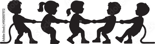 Children Playing Tug of War Silhouette Vector,Kids Teamwork Game Black Silhouette Illustration