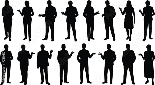 Business gesture silhouettes collection, corporate people vector, professional posture illustration, workplace diversity design, leadership communication art, formal attire activity