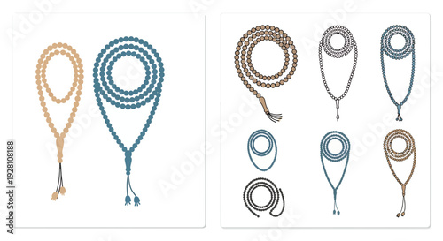 Traditional Islamic prayer beads misbaha tasbih icons in various styles on white background, concept for religious education, ramadan card design and spiritual identity branding