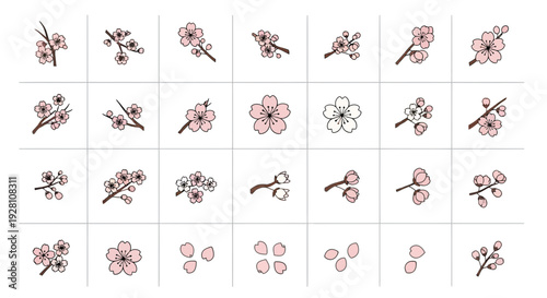 Set of cherry blossom flower icons featuring pink sakura branches petals and blooming buds in elegant vector illustration style, concept for wedding invitation, spring branding and decoration