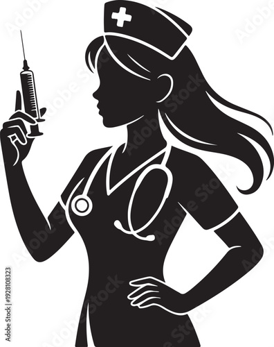 Silhouette of a nurse holding a syringe, ready for an injection,Vaccination and Medical Injection Concept Icon