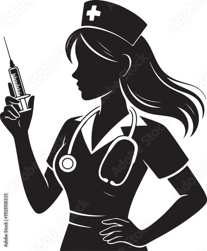 Silhouette of a nurse holding a syringe, ready for an injection,Vaccination and Medical Injection Concept Icon