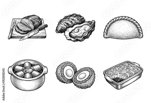 Vintage style engraving collection of traditional british food and pub snacks featuring roast beef meat oysters scotch eggs and meat pie