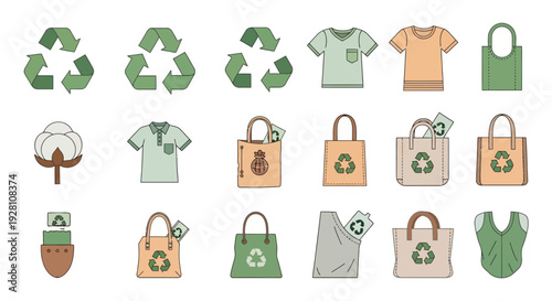Set of flat line icons featuring recycling symbols, organic cotton, eco friendly tote bags and sustainable apparel, concept for green marketing, textile industry and ethical shopping