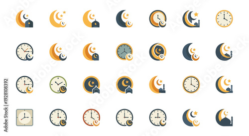 Set of Islamic prayer time icons featuring crescent moons, stars, mosques and analog clocks in flat design, concept for religious scheduling, Ramadan calendars and prayer time applications