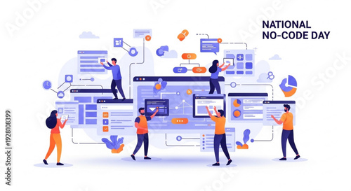 National No-Code Day Vector Illustration with App Building, No-Code Development, and Futuristic Digital Interface