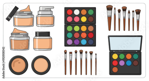 Illustration of professional makeup kit with foundation jars eyeshadow palettes and beauty brushes on white background, concept for cosmetic branding, beauty salon and makeup tutorial