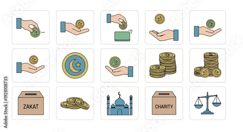 Flat vector icons set featuring hands giving gold coins with crescent moon symbols and zakat donation boxes, concept for Islamic finance apps, religious charity and Ramadan alms promotion