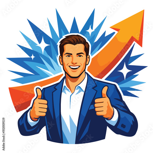Smiling businessman gives thumbs up; upward arrow indicates growth