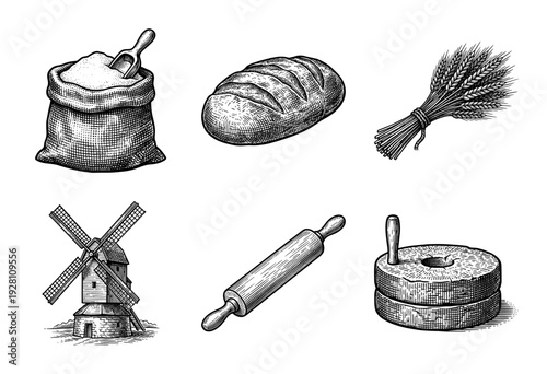 Vintage engraving style collection of bakery and milling elements featuring a windmill, wheat, flour sack, and stone grinder.