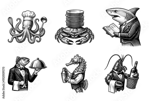 Vintage engraving style collection of anthropomorphic sea creature restaurant staff including octopus chef shark manager and fish waiter