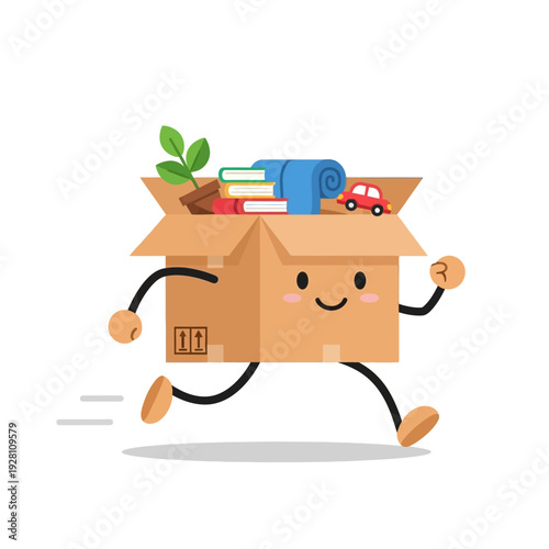 Happy Moving Box Character Running with Belongings, Express Delivery Concept