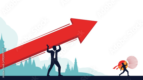 Strong businessman lifting a giant red growth arrow on his shoulders as another small figure stands in the distant background.