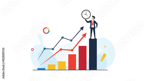 Businessman holding a large white clock while standing on the tallest bar of a growth chart with rising success arrows.