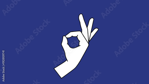 Human hand making the okay sign with fingers against a solid dark blue background as a universal symbol of great success.