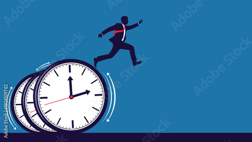 Successful businessman in a suit jumping over three giant clock faces representing time efficiency and meeting deadlines.