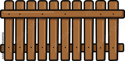 Wooden garden fence vector illustration with brown timber planks and horizontal rails for property boundary
