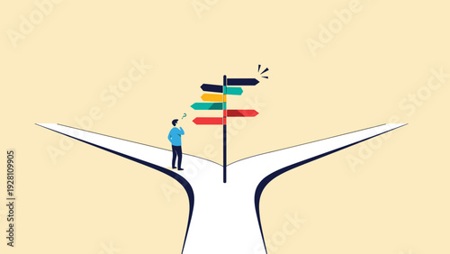 Pensive businessman stands at a fork in the road contemplating multiple directions indicated by colorful arrows on a signpost for career choices.